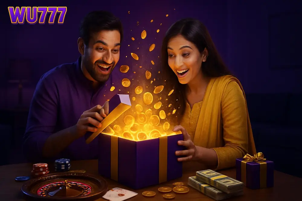 WU777 bonuses and offers โ an excited Pakistani couple opening a giant glowing gift box bursting with golden coins WU777 bonuses and offers โ an excited Pakistani couple opening a giant glowing gift box bursting with golden coins