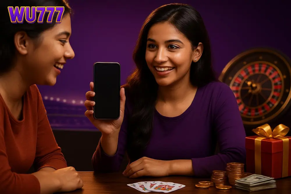 WU777 APK download โ a young Pakistani woman showing her phone screen to a friend while installing an application at WU777 APK download โ a young Pakistani woman showing her phone screen to a friend while installing an application at