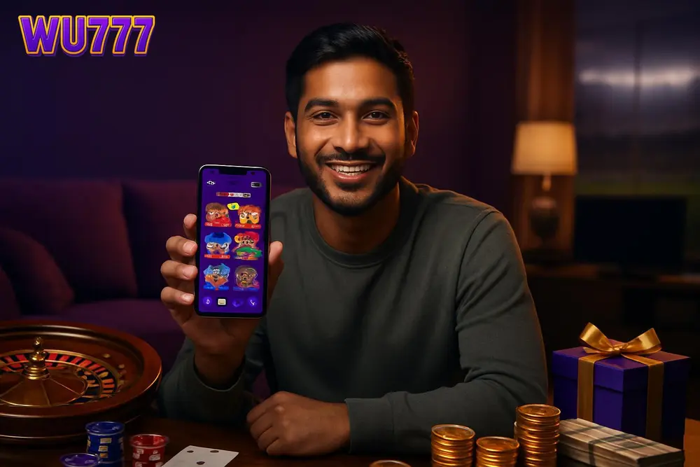 WU777 Pakistan โ a young Pakistani man smiling while holding a smartphone showing a colorful gaming app interface in WU777 Pakistan โ a young Pakistani man smiling while holding a smartphone showing a colorful gaming app interface in