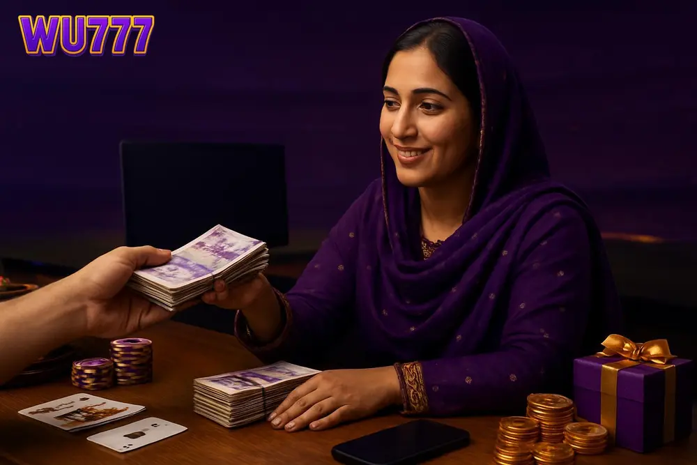 WU777 payment methods โ a Pakistani woman receiving a cash payout at a counter with stacks of local currency notes WU777 payment methods โ a Pakistani woman receiving a cash payout at a counter with stacks of local currency notes