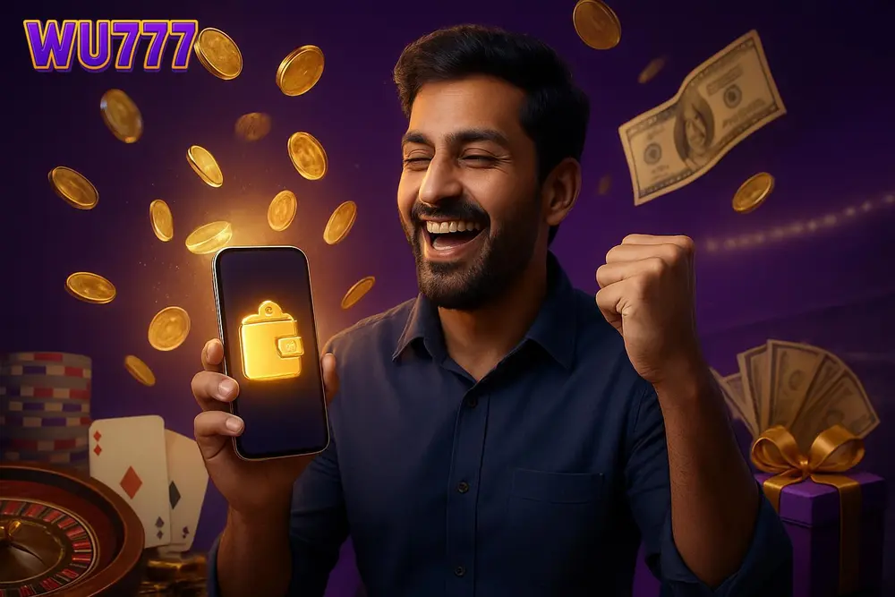 WU777 payment methods โ a happy Pakistani man celebrating as gold coins and banknotes fan out around a glowing WU777 payment methods โ a happy Pakistani man celebrating as gold coins and banknotes fan out around a glowing